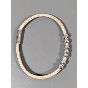 Fossil Steel Tan Leather Round Silver Tone Slide Charm Bead Bracelet 6.5"